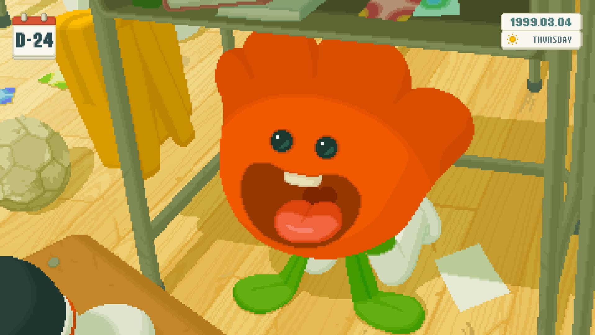 A flower surprises a classmate with a big grin, hiding beneath their school desk.