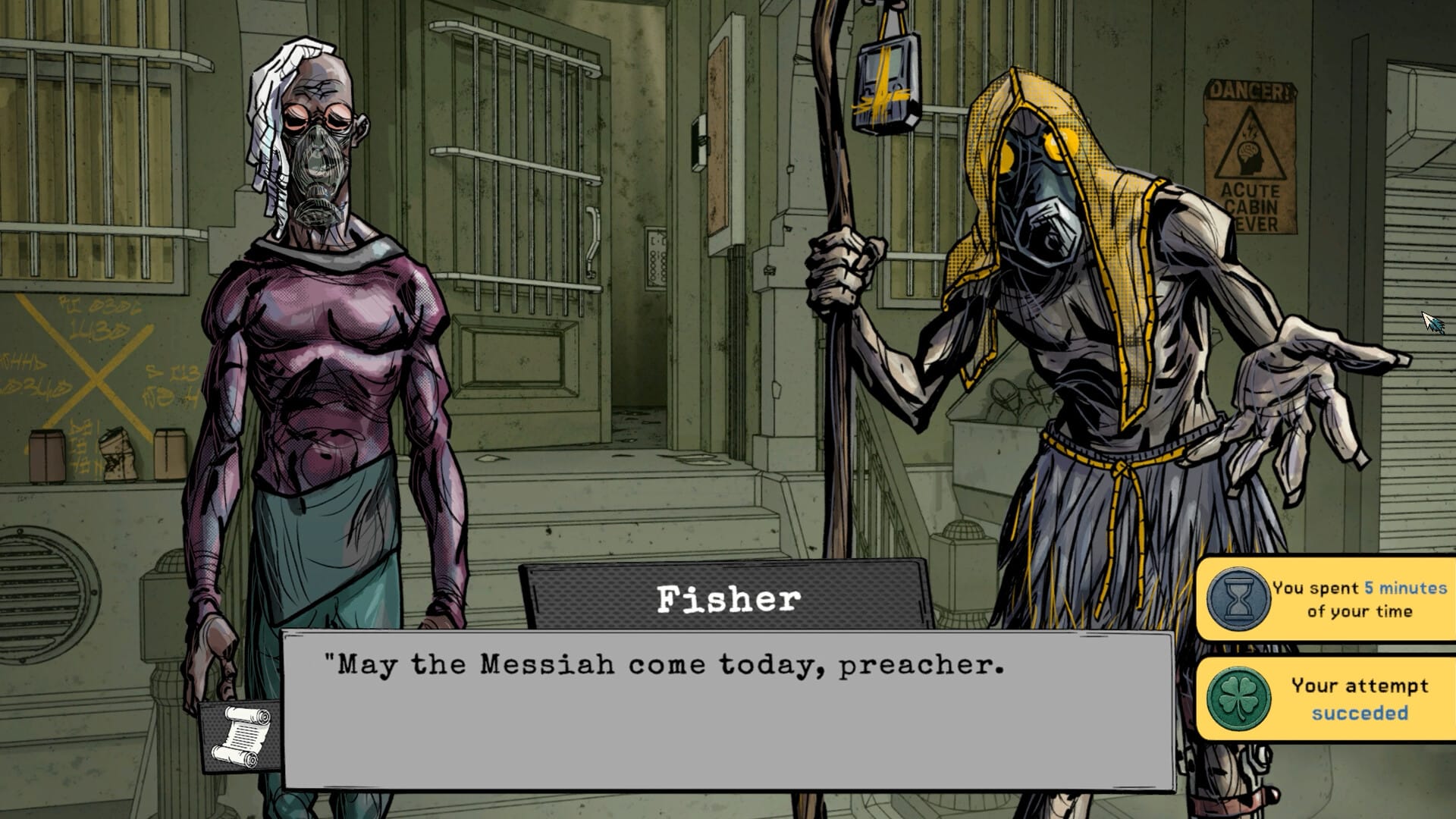 Fisher, the protagonist of Crow Requiem's demo, greets a post-apocalyptic preacher with a gas mask and a tarp, saying "May the Messiah come today, preacher."