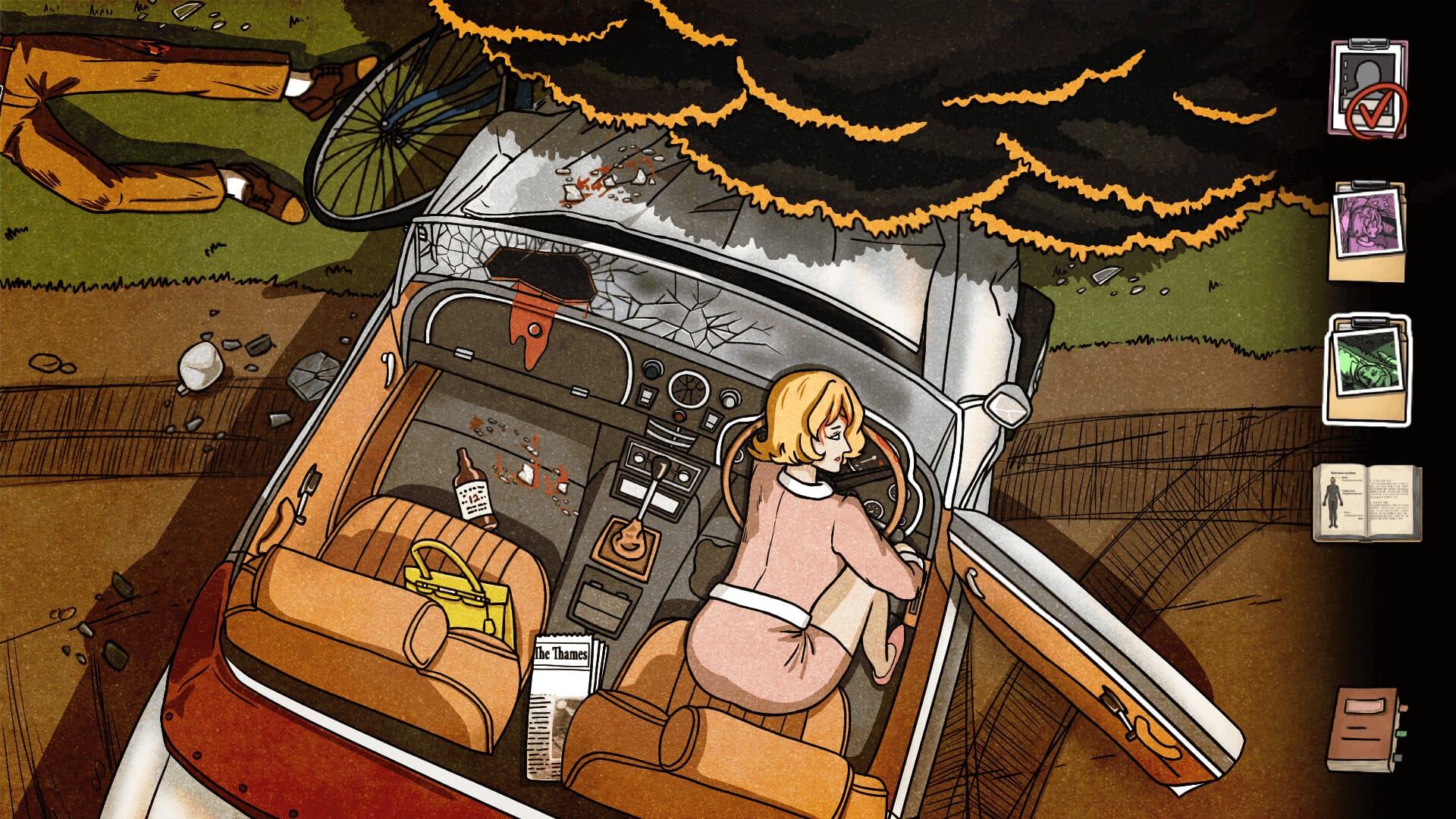 A crashed car, with a blonde woman deceased in the driver's seat. A bottle of booze sits nearby, along with a purse, a newspaper, and blood on the dashboard. Another body is visible, sprawled outside the car.
