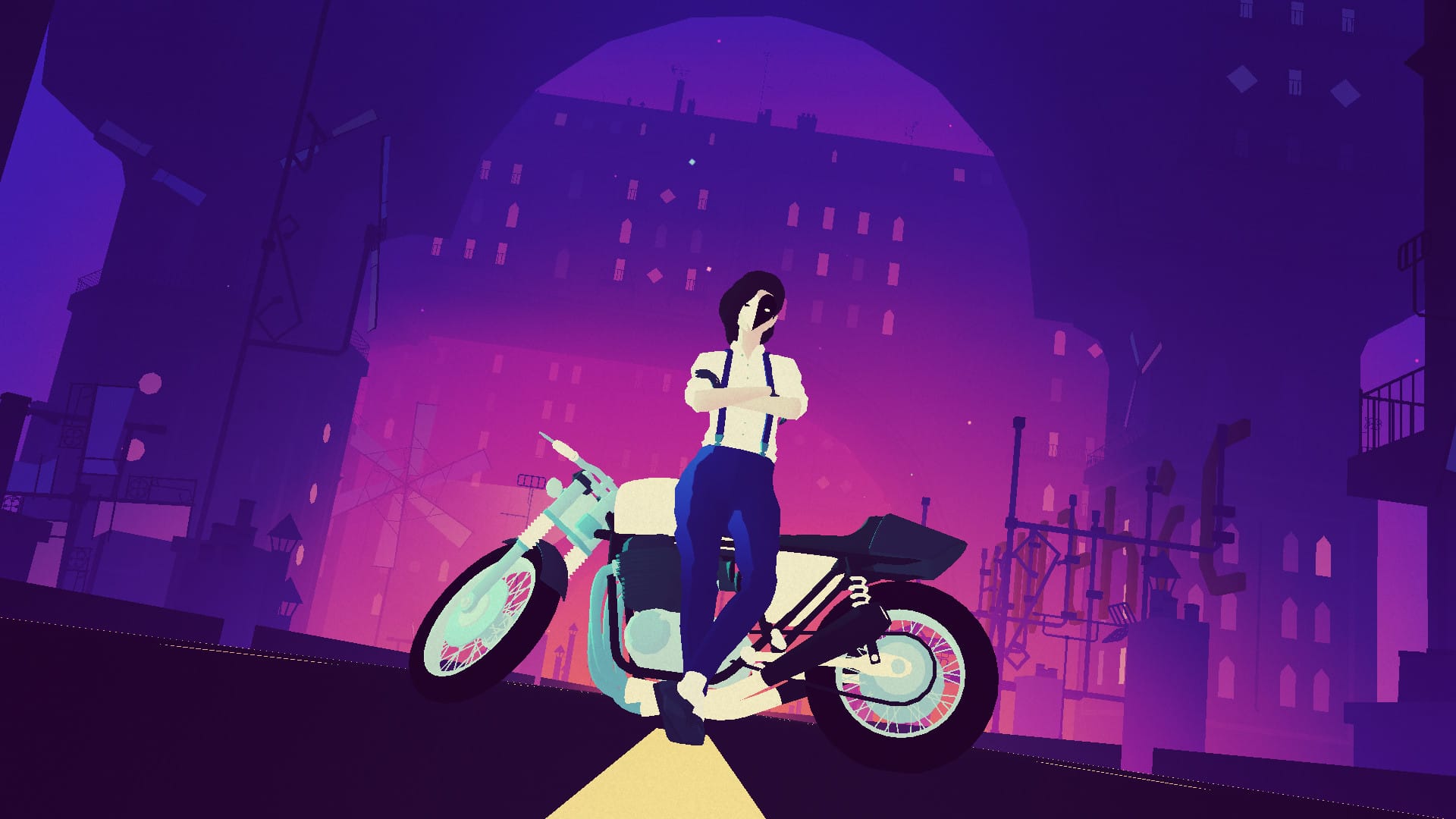 A woman in a half-mask and suspenders poses against her motorcycle, arms crossed, in a screenshot from Sayonara Wildhearts