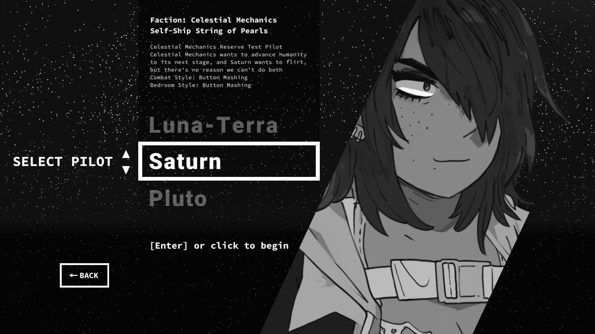 The pilot select screen from Heaven Will Be Mine, with the mech pilot named Saturn currently selected