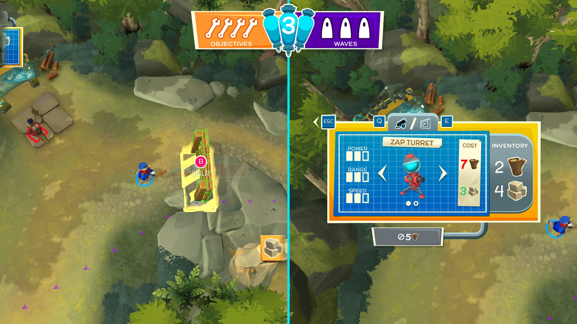 Two players prepare their tower defense against an incoming swarm in a screenshot from Hack 'n' Stack.