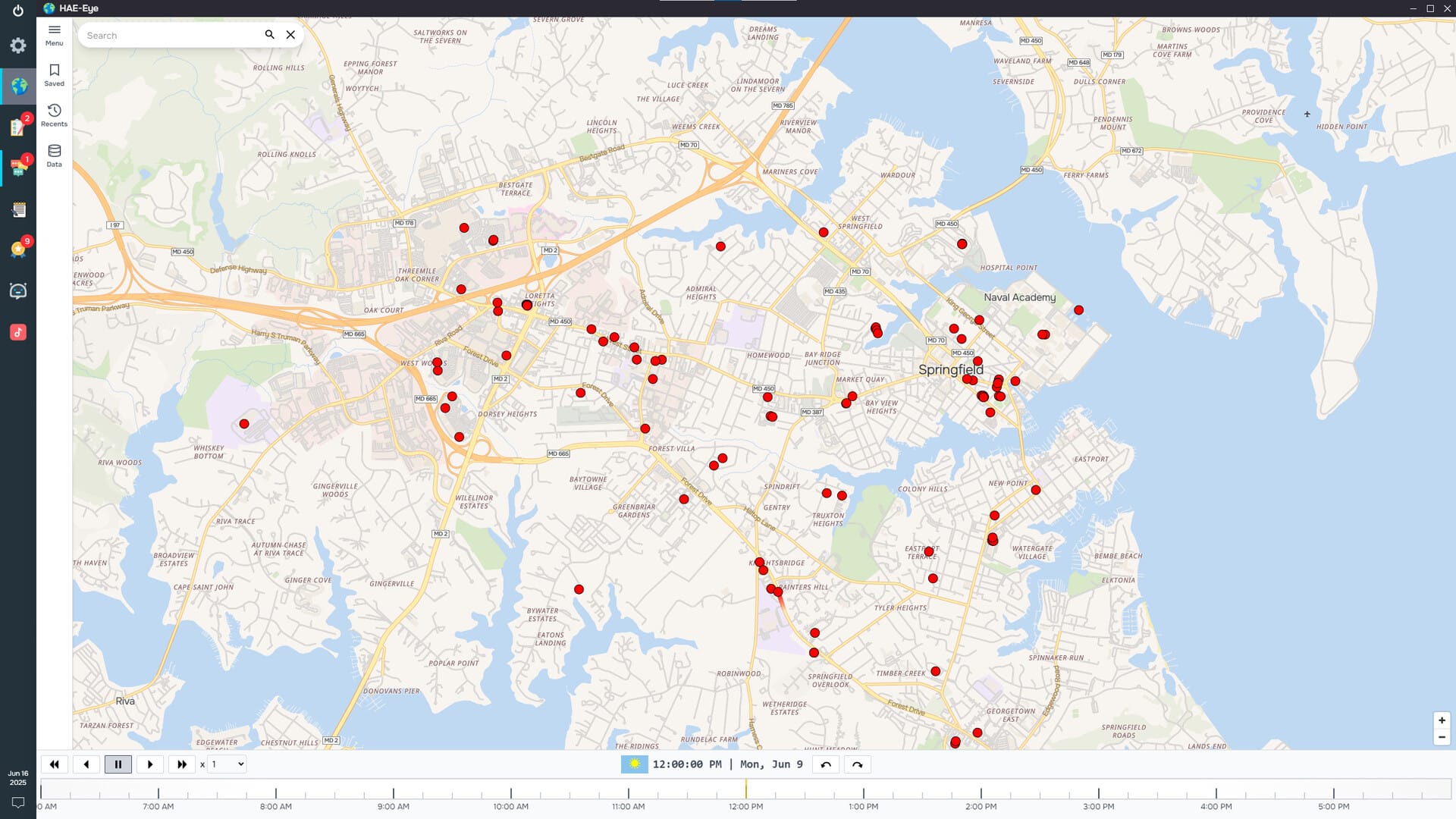 A point of view of a PC showing surveillance software, with random citizens being shown as dots on a map, from the game HAE Stack.