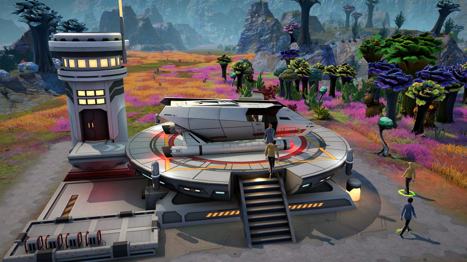 A Federation vessel at the outskirts of a colony, surrounded by colorful alien flora.