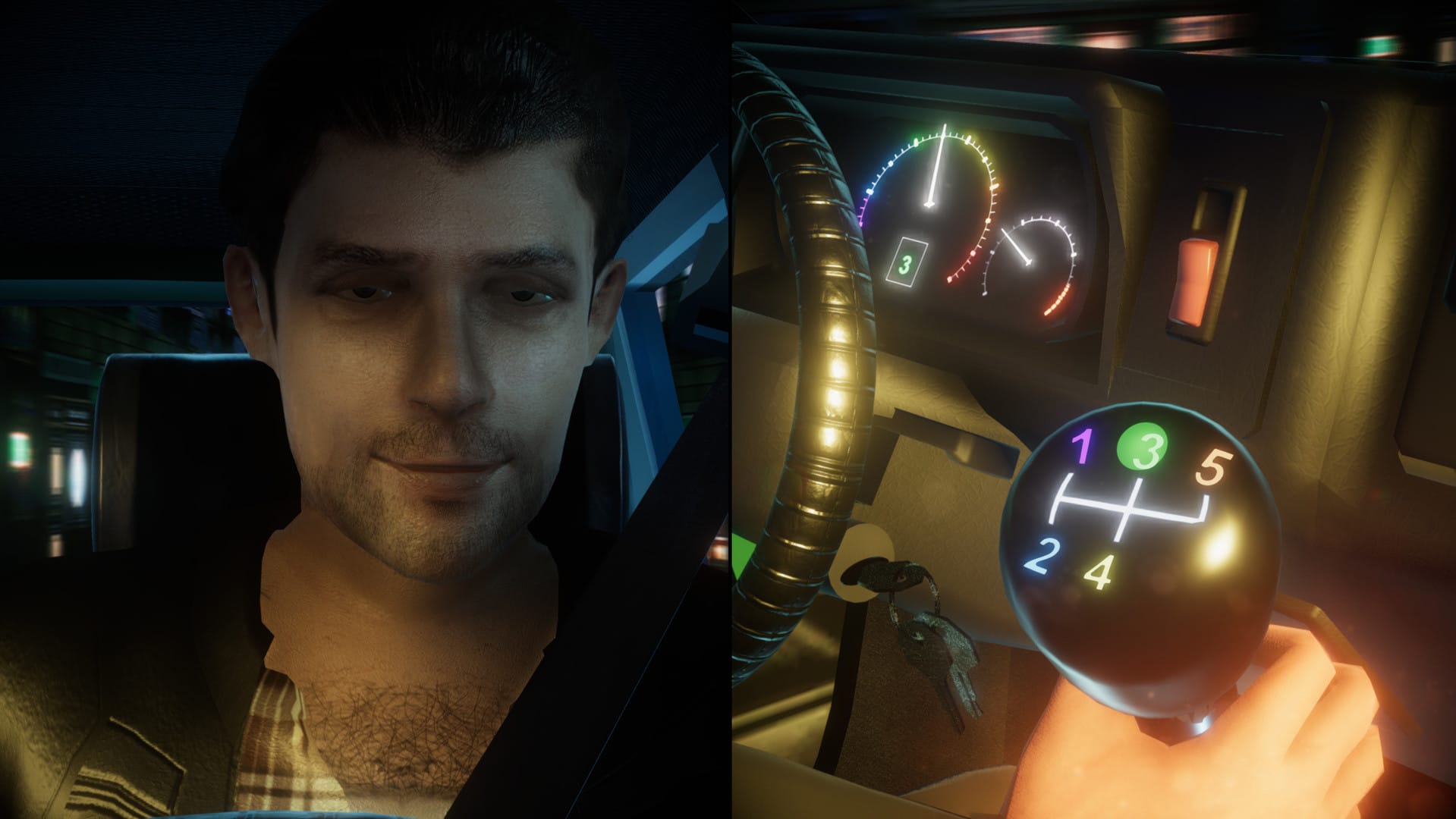 A driver in a car smirks while adjusting the stick shift in a screenshot from the Radiator 2 collection