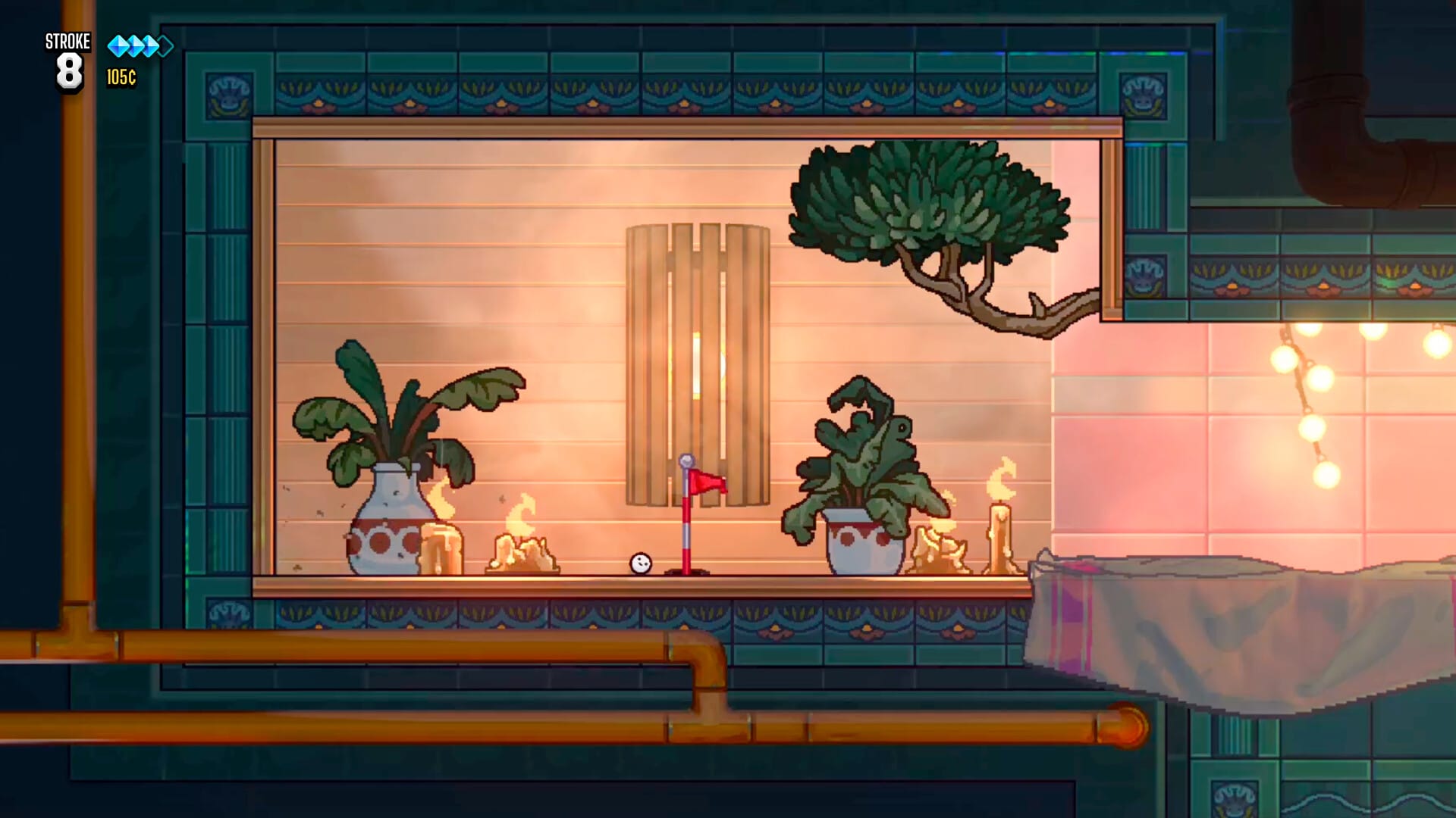 The ball in ballgame rests in a beautiful, relaxing spa-like environment next to a red flag.