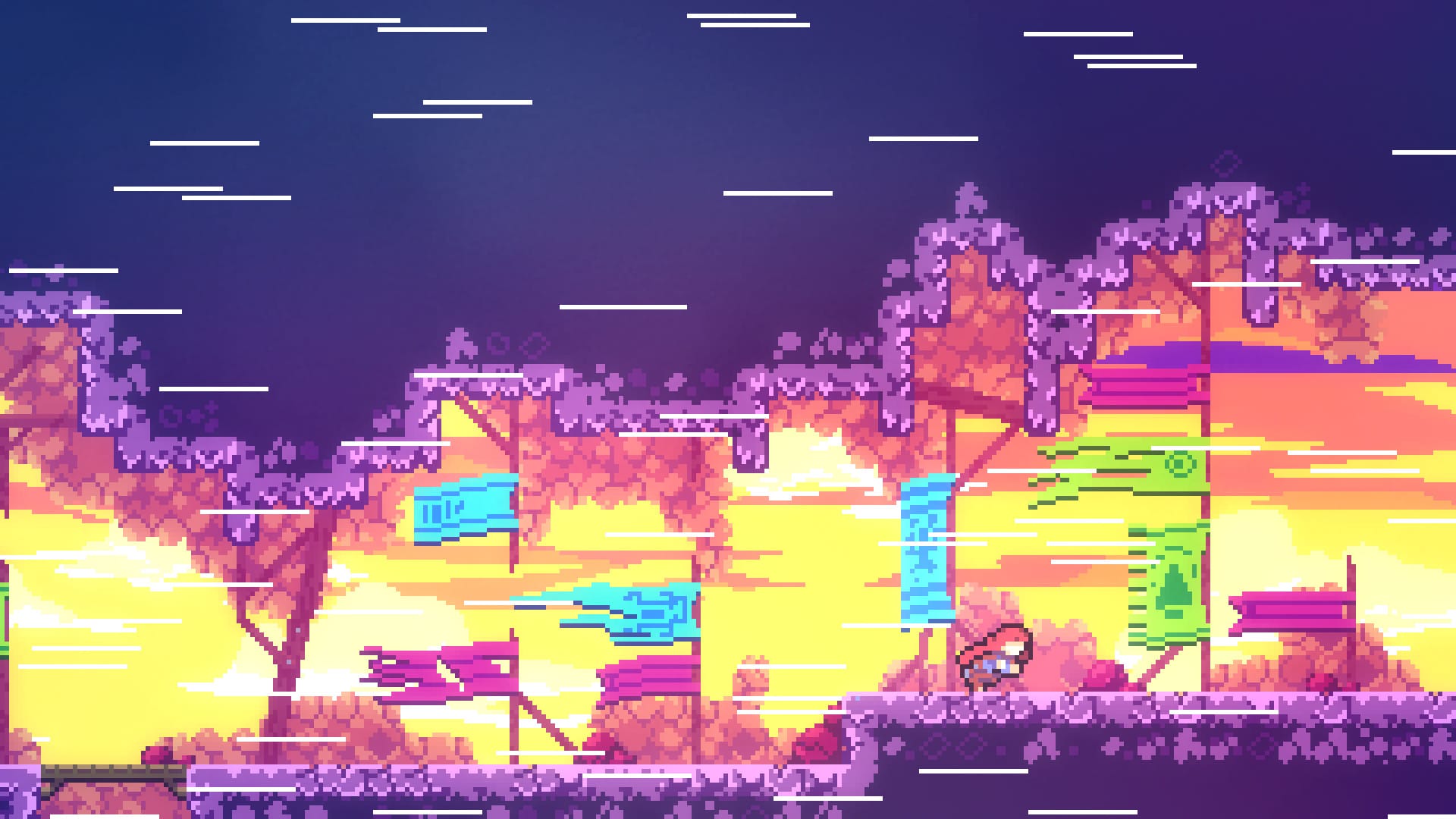 Madeline pushes herself forward through a windy passage with banners in a screenshot from Celeste.
