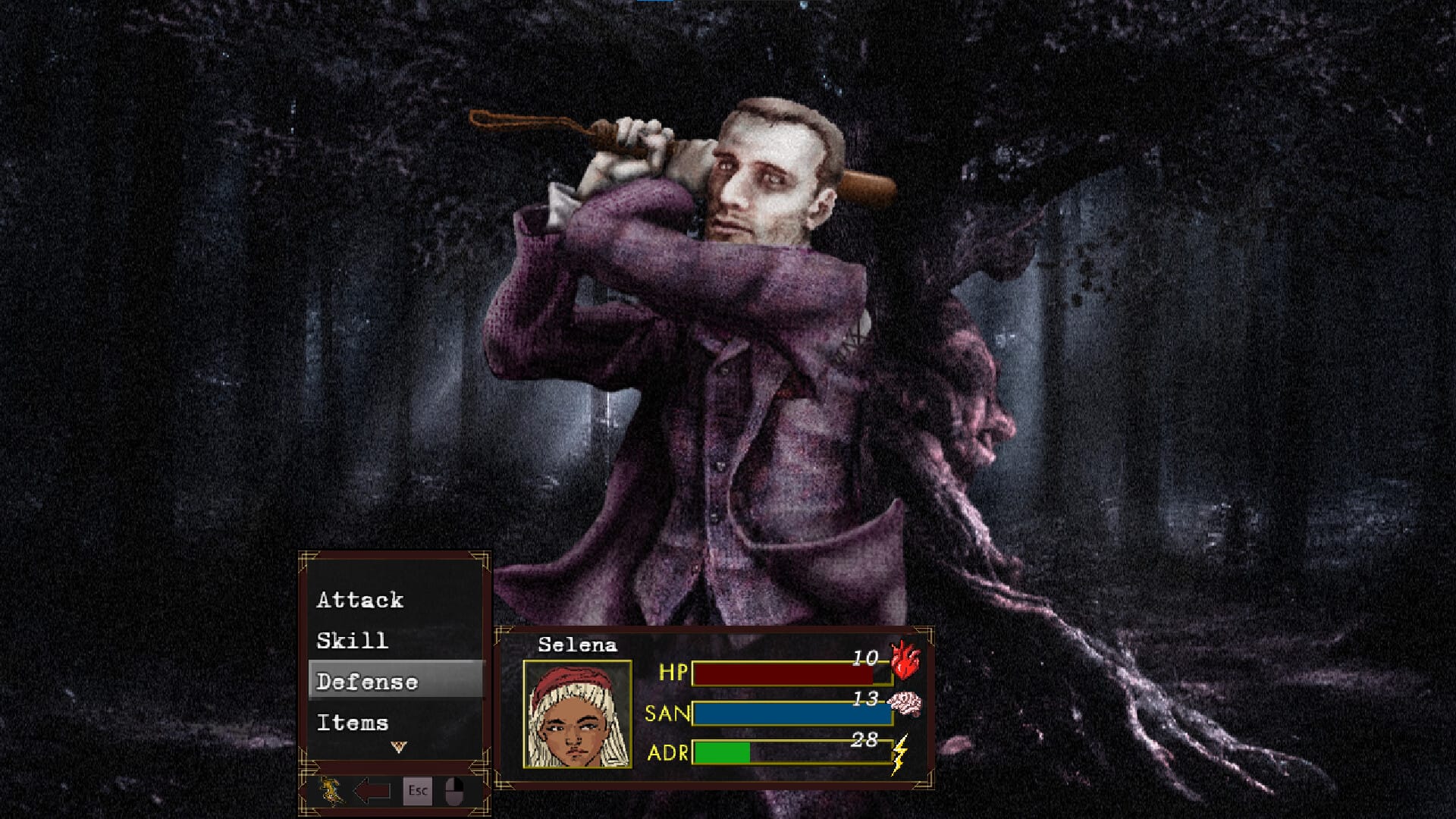 A pallid gentleman who looks pallid and unnerving is in the woods, witnessed from the point of view of protagonist Selena, in a combat screenshot from Phantasma Hotel