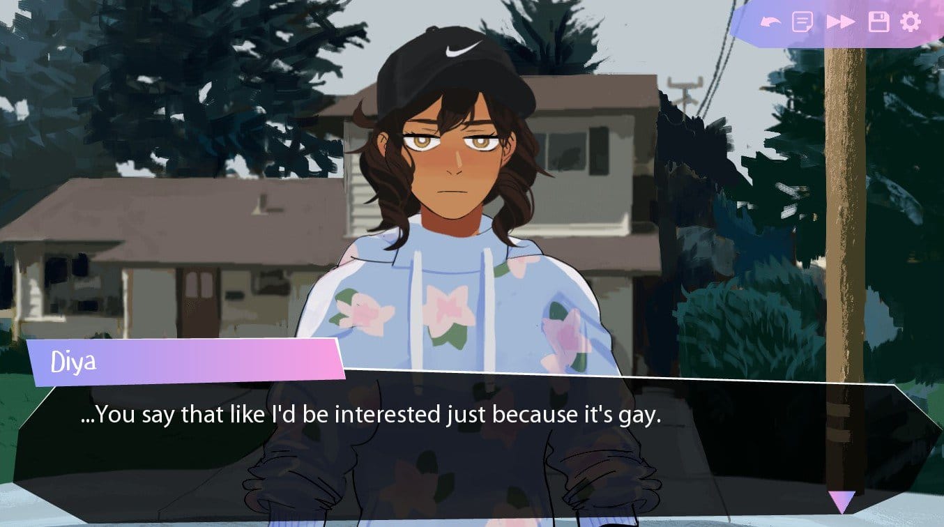 Diya, a sarcastic looking teen standing outside a suburban home, says "...You say that like I'd be interested just because it's gay" in a screenshot from Butterfly Soup.