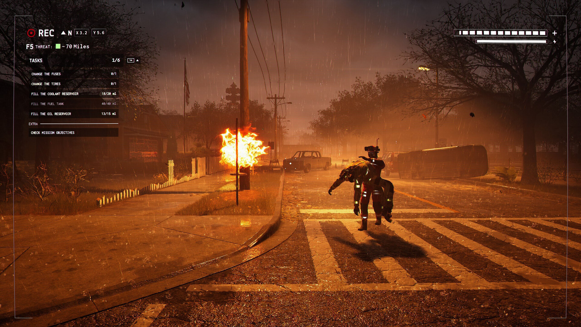 A screenshot showing a player carrying another player's body in front of a fire