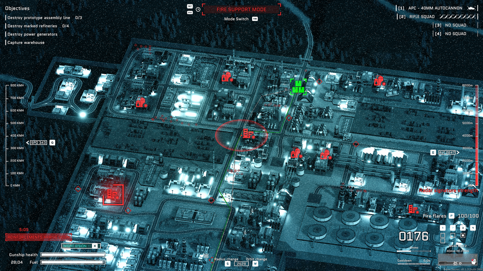A screenshot showing a night vision view of a complex with lots of buildings marked as targets