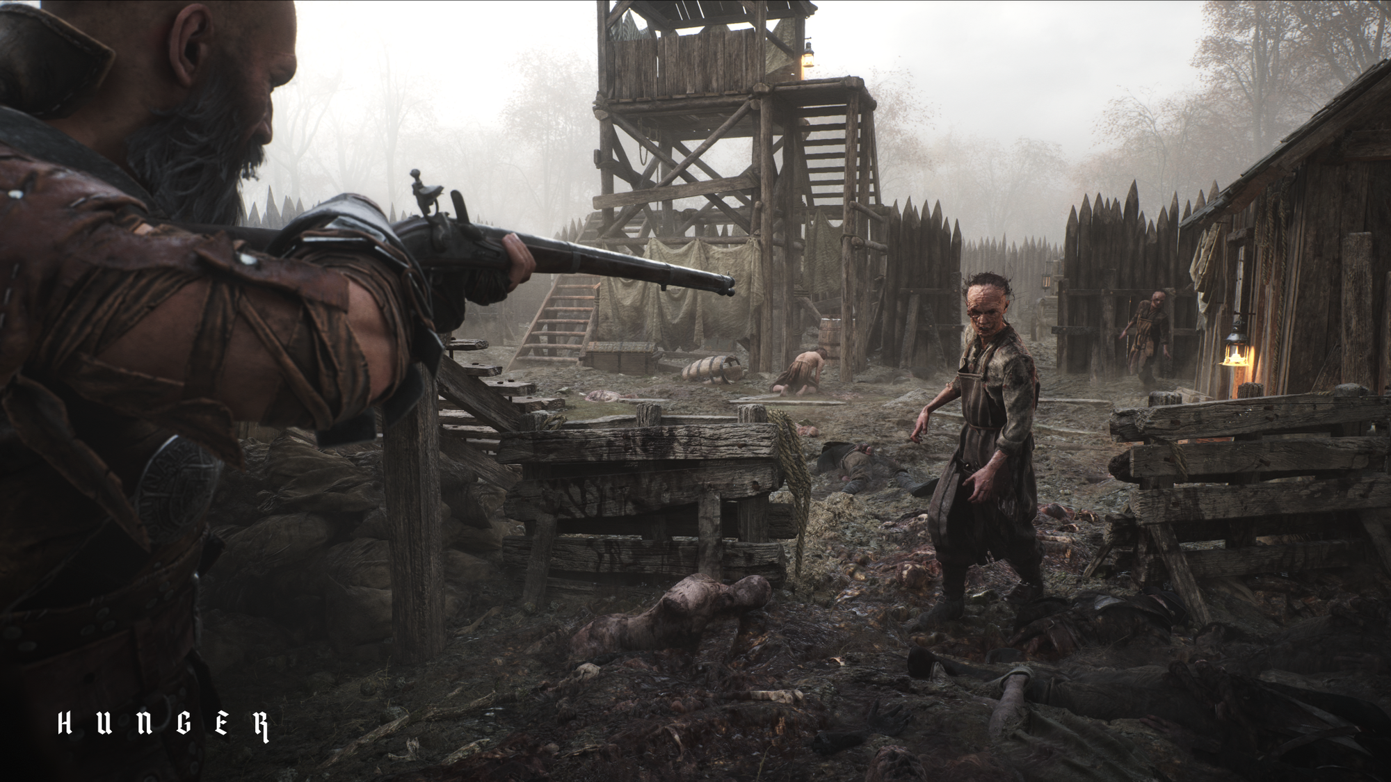 A screenshot of the game with a player aiming a rifle at a zombie in a fort
