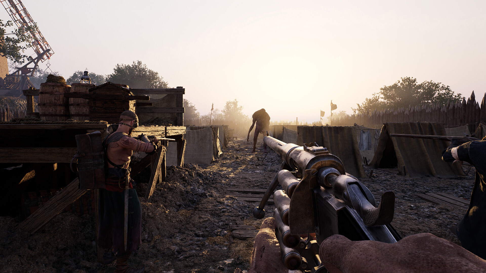 A screenshot of the game showing the player looking at a huge shambling zombie in some kind of trench