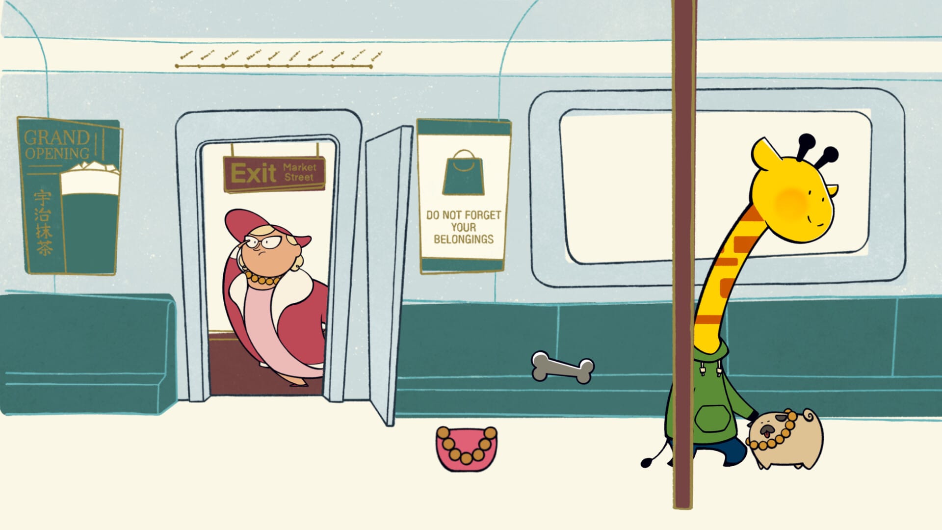 A socially anxious cartoon giraffe in a green hoodie pets a silly little pug on the subway, while his owner looks for him in the background