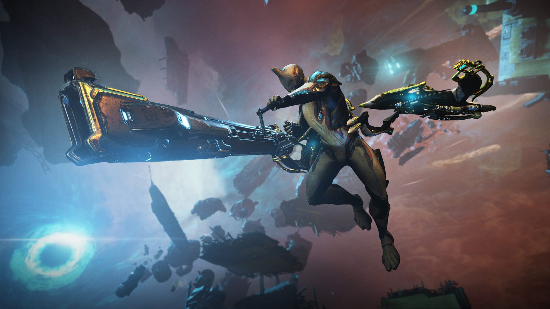 Excalibur,a Warframe, poses mid-space bombat with a massive railgun.