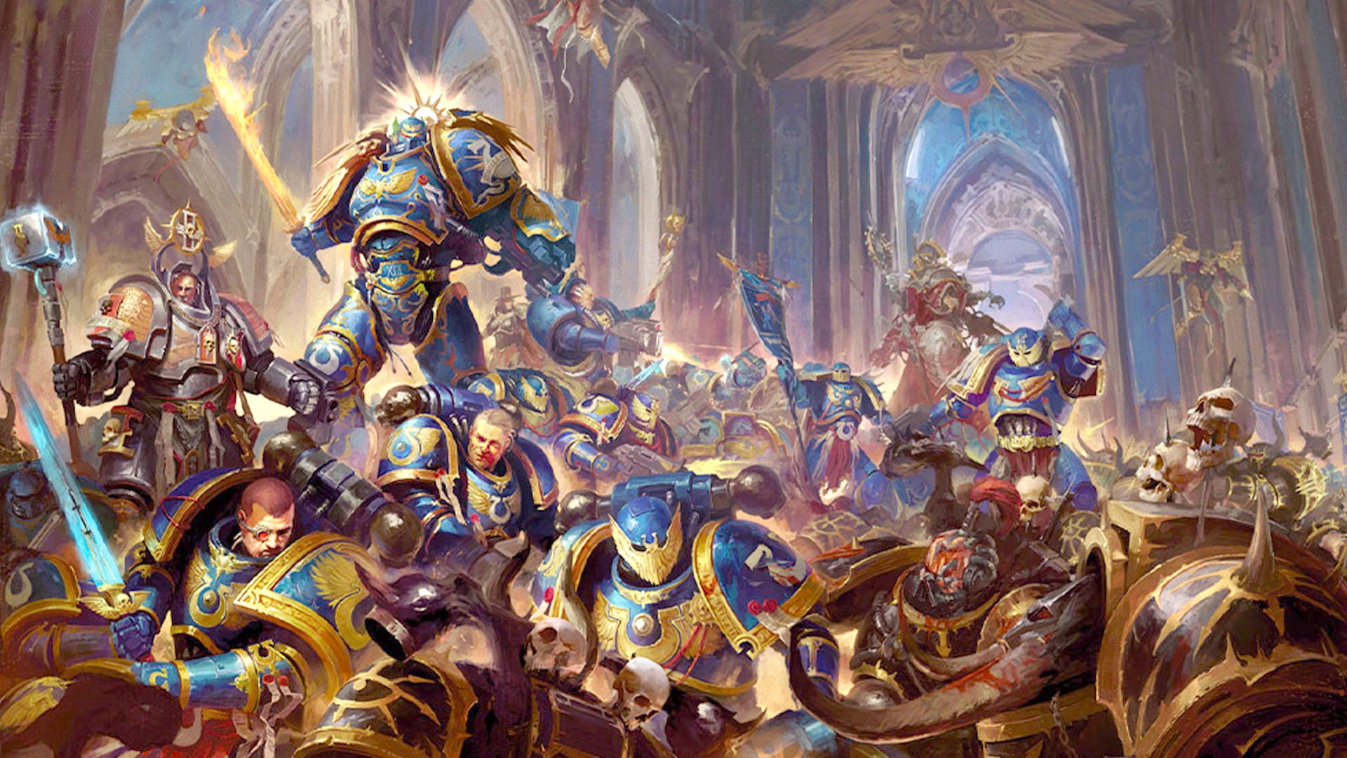 Guilliman battles the Black Legion alongside his Ultramarines in a massive marble and gold structure.