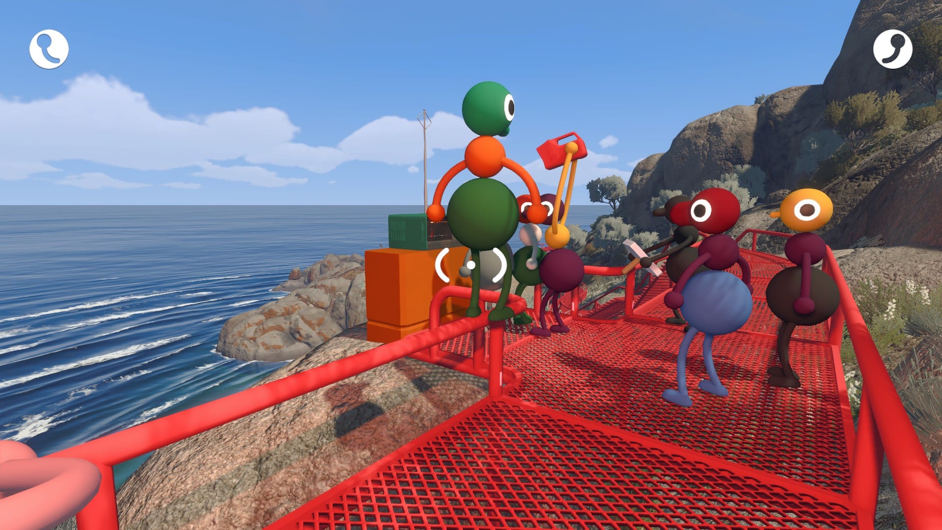 A group of players gather near the shore in a game of Big Walk