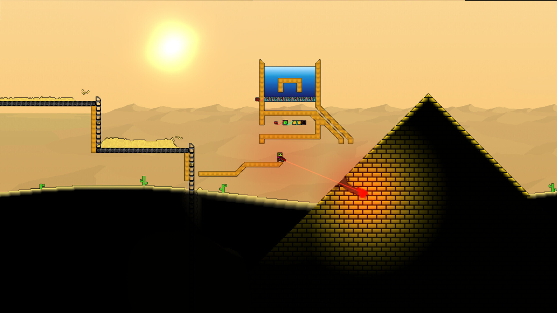 The player is firing a laser into a pyramid in a desert