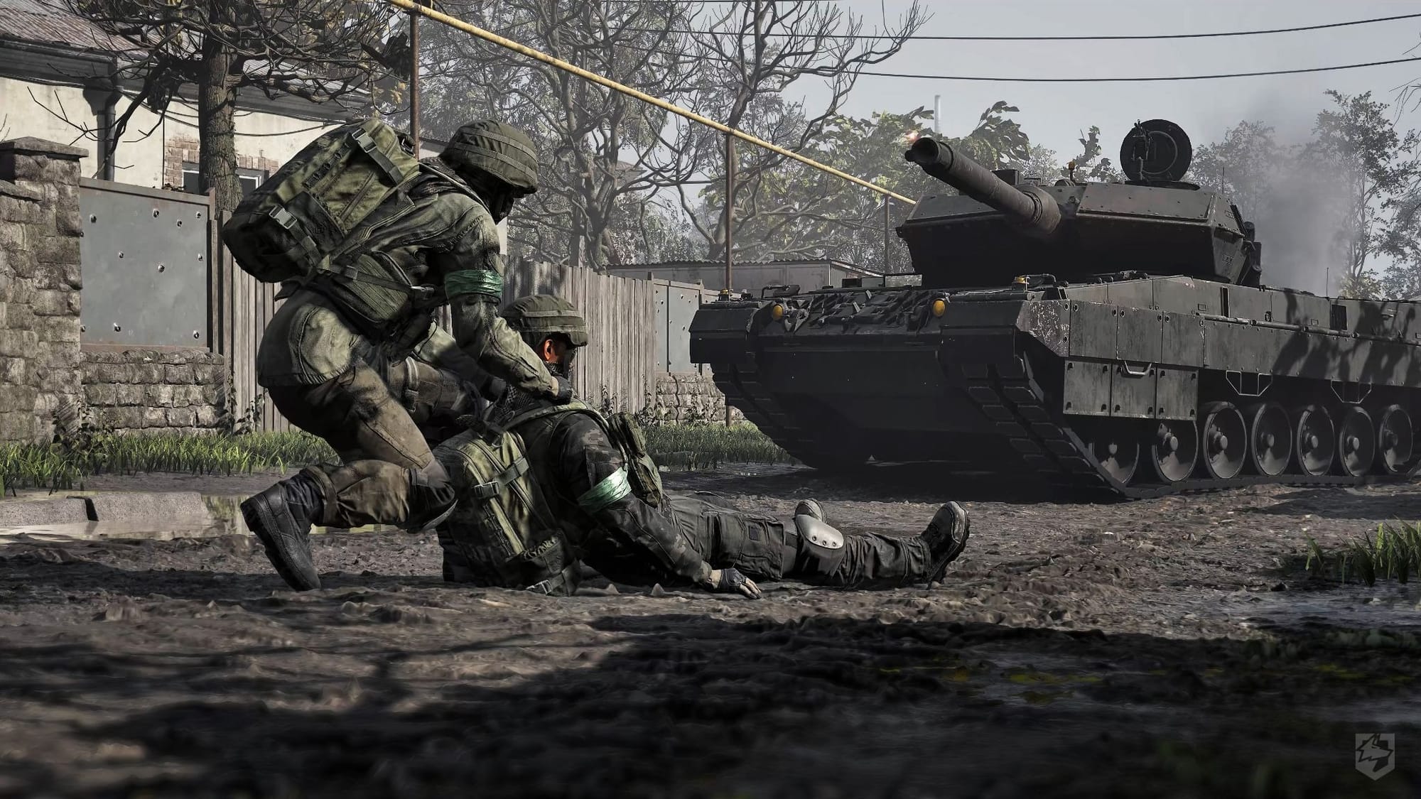 A screenshot showing a soldier dragging a wounded friendly while a tank looks on behind them