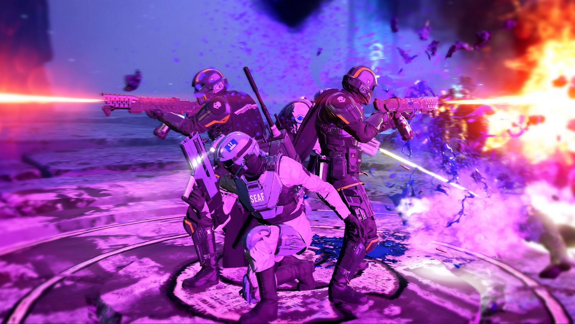 Helldivers and Super Earth Armed Forces work together to fend off the Illuminate on the Void planet of Seasse.