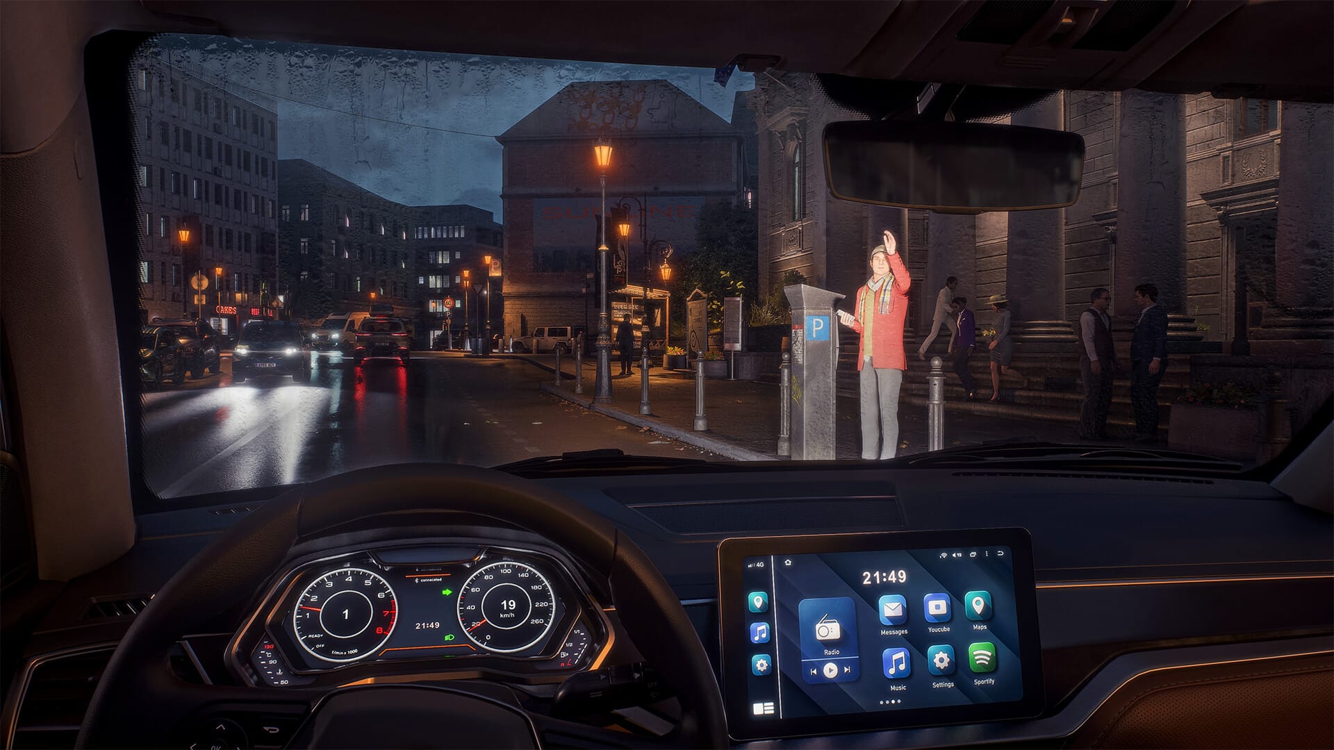 A point of view shot of a rideshare driver about to pick up a customer in a screenshot from Rideshare "Stimulator"
