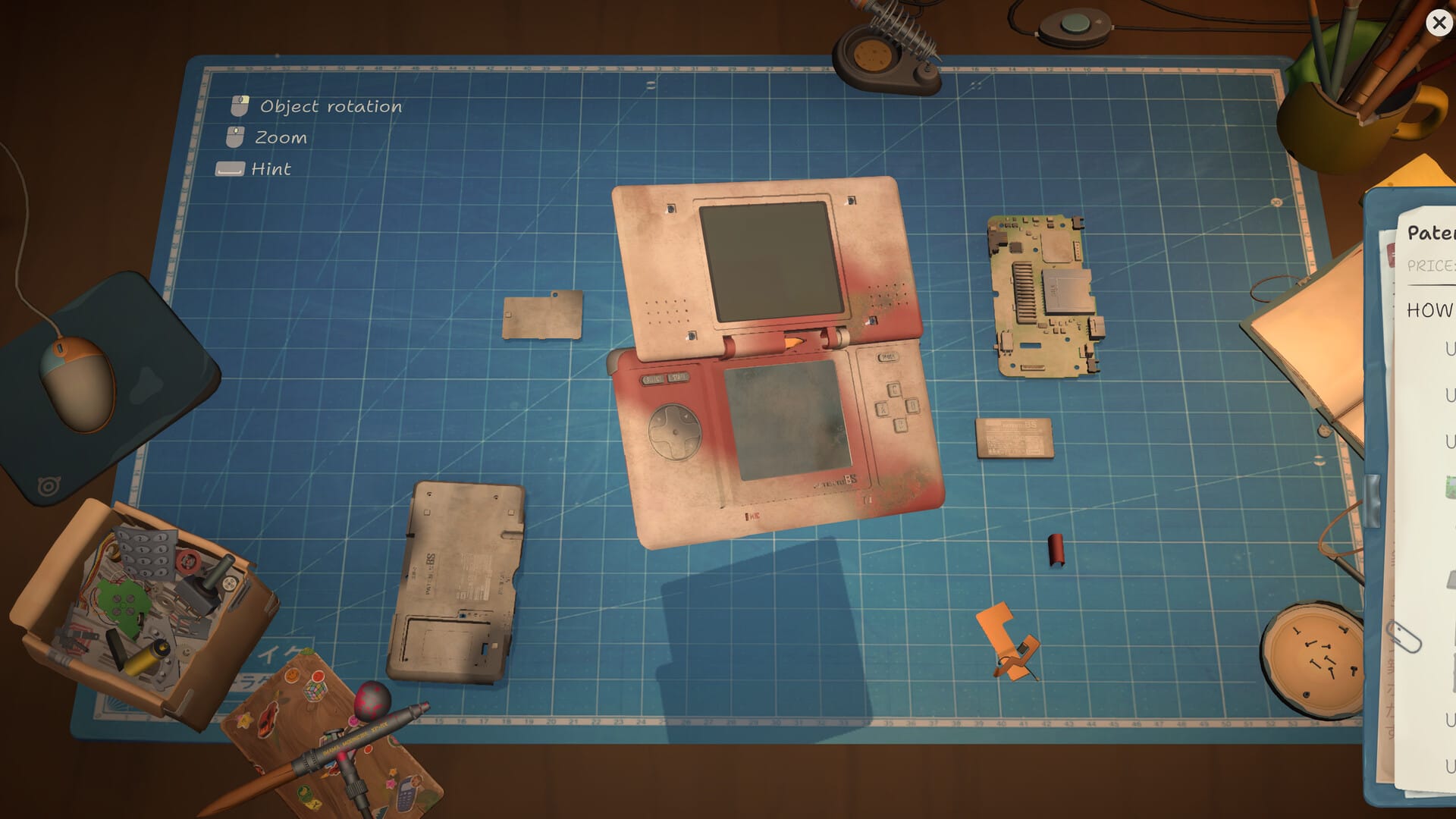 A player begins to disassemble a very dusty Nintendo DS for cleaning and repair in ReStory: Chill Electronics Repair
