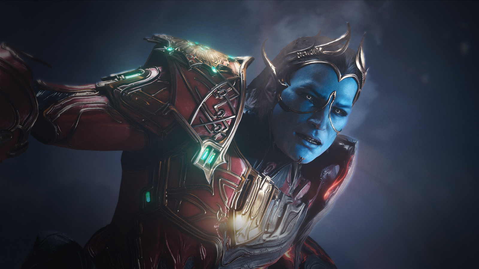 Roathe, a blue-skinned man with dark eyes, ornate red and gold armor, and fancy head and face jewelery. He is my boyfriend.