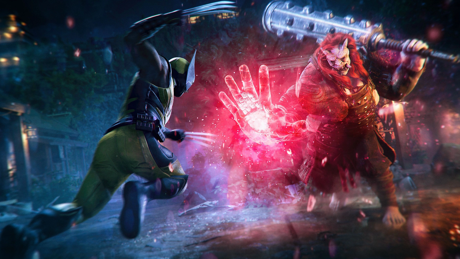 Wolverine battles a massive yokai-like beast in Japan, with a glowing red hand and a massive club over one shoulder.