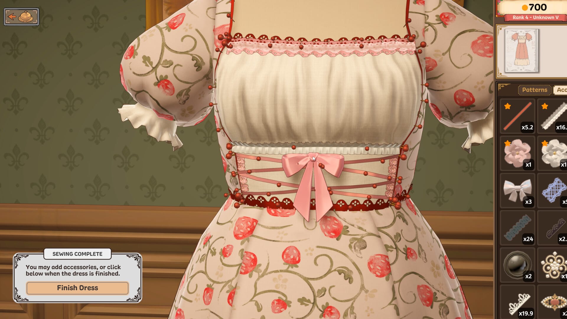 A player pins ribbons in a pattern to a milkmaid bodice in a screenshot from Dressmaker