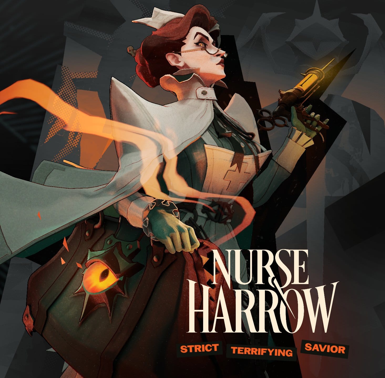 Nurse Harrow character art from Deadlock, showing a red headed woman in a prim dress, white apron and cape, carrying a needle gun and demonic bag.