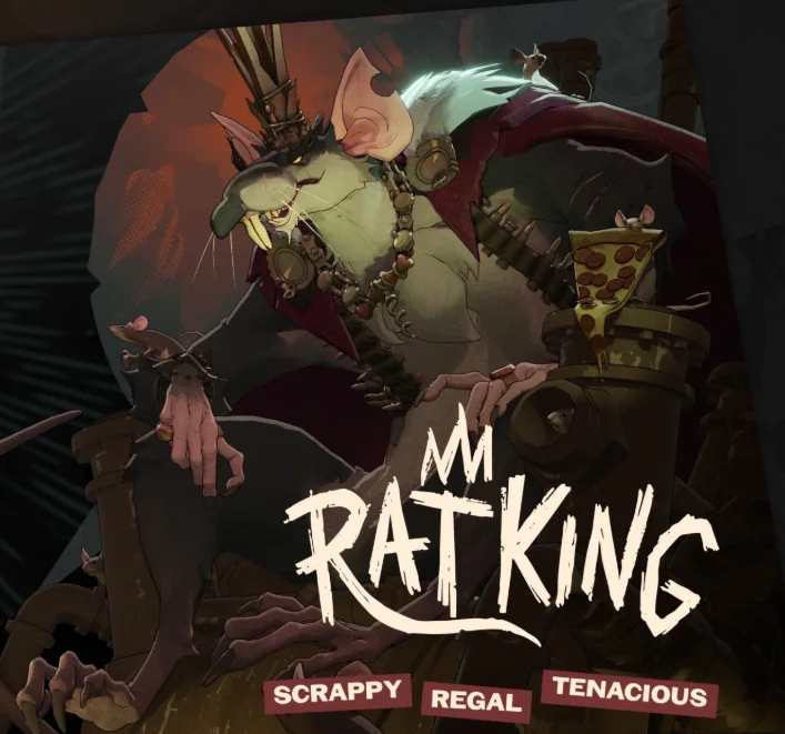 Rat King, a massive, burly bipedal rat with a crown made of garbage and little rat friends scuttling around him.