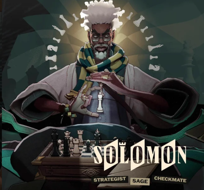 Solomon from Deadlock, an older black man with white hair, baggy clothes, rings, and a chess set in front of him.
