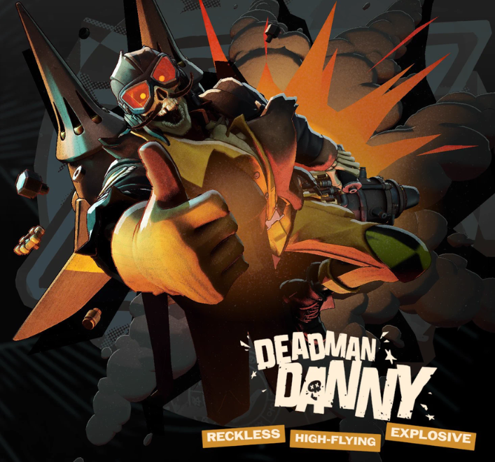Deadman Danny, a daredevil corpse giving the camera a big thumbs up and grin as he rockets up with his jetpack