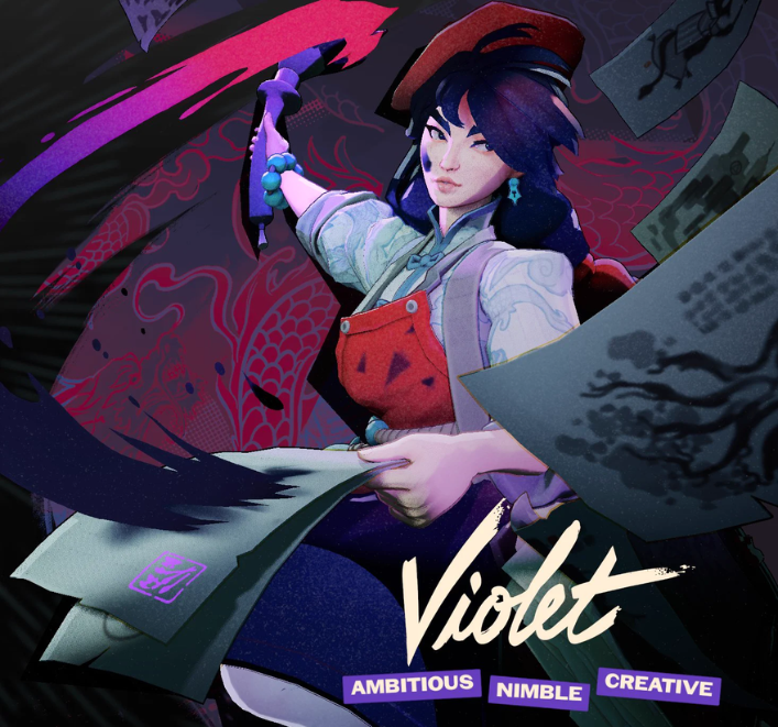 Violet from Deadlock, a young woman with a long braid under a beret, thick eyebrows, and a paintbrush drawing ink off a tattered page