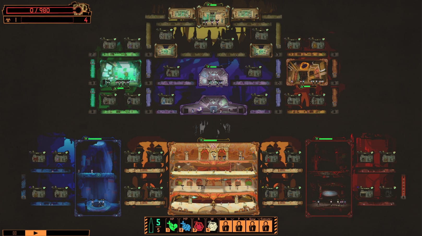 A player's multi-layered monster containment facility in a screenshot from Lobotomy Corporation