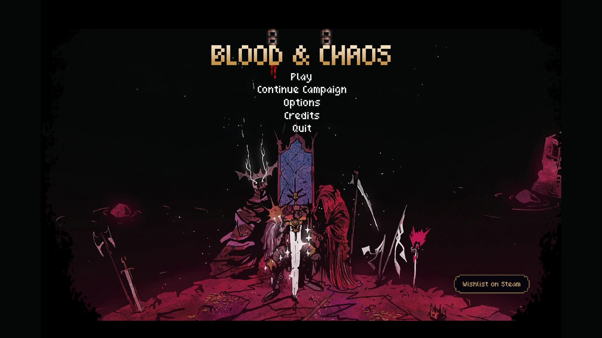 The starting screen for Blood & Chaos, which shows a knight, slumped on a throne with his sword driven before him. Two spectral advisors approach him from either side.