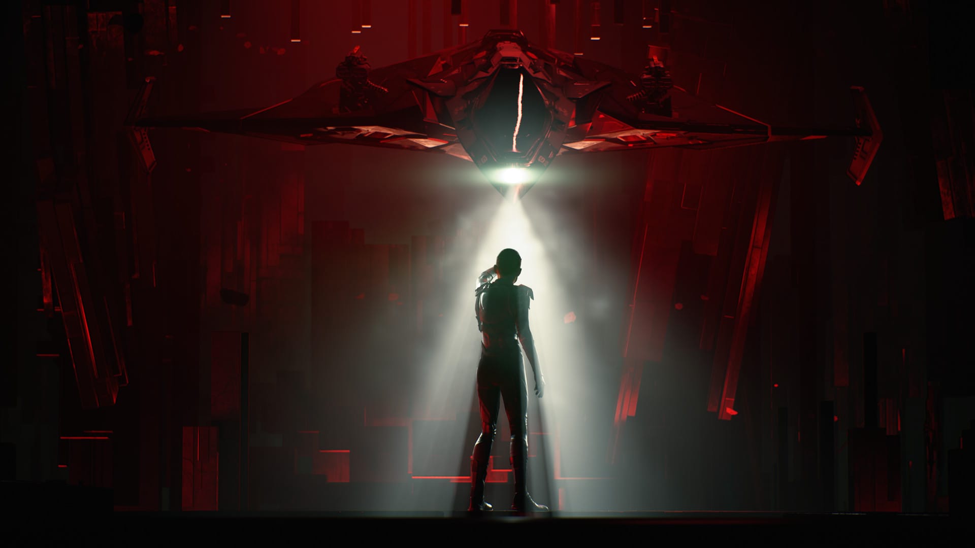 A pilot shields her eyes as a spaceship rises from the dark, examining the intruder, in a screenshot from Chorus