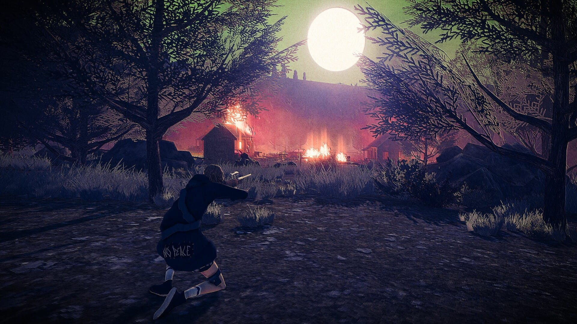 A girl carefully lines up a shot outside a cultist camp with a full moon hanging ominously overhead in a screenshot from Children of the Sun