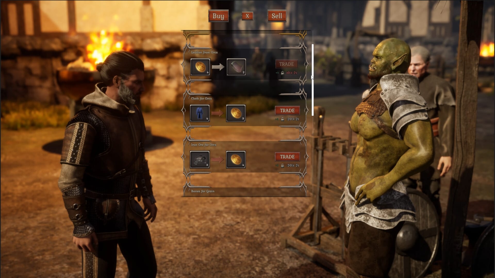 Hermos and an Orc trade goods through an interface in a screenshot from Shadow Bridge