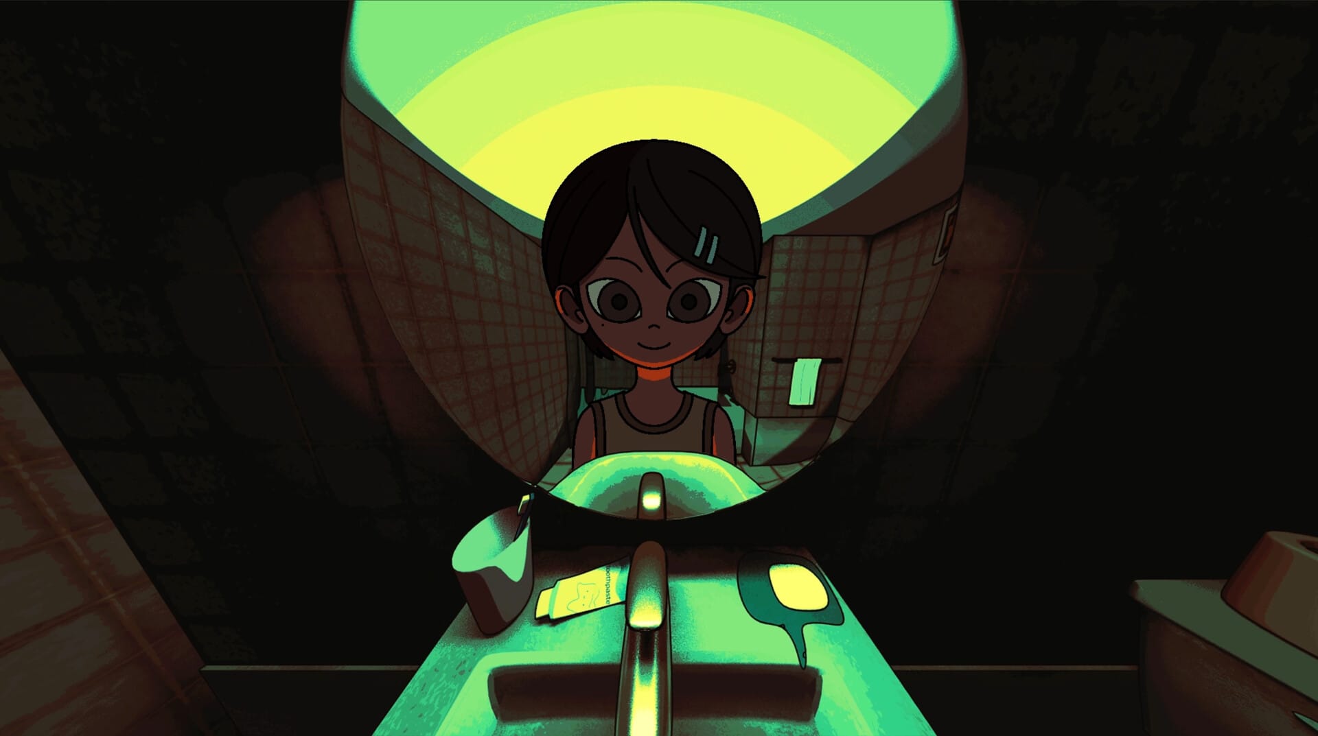Nima, a young girl with big dark eyes and hair pulled into pigtails, smiles at her reflection in an eerie, fisheye shot of a bathroom mirror in a screenshot from Am I Nima