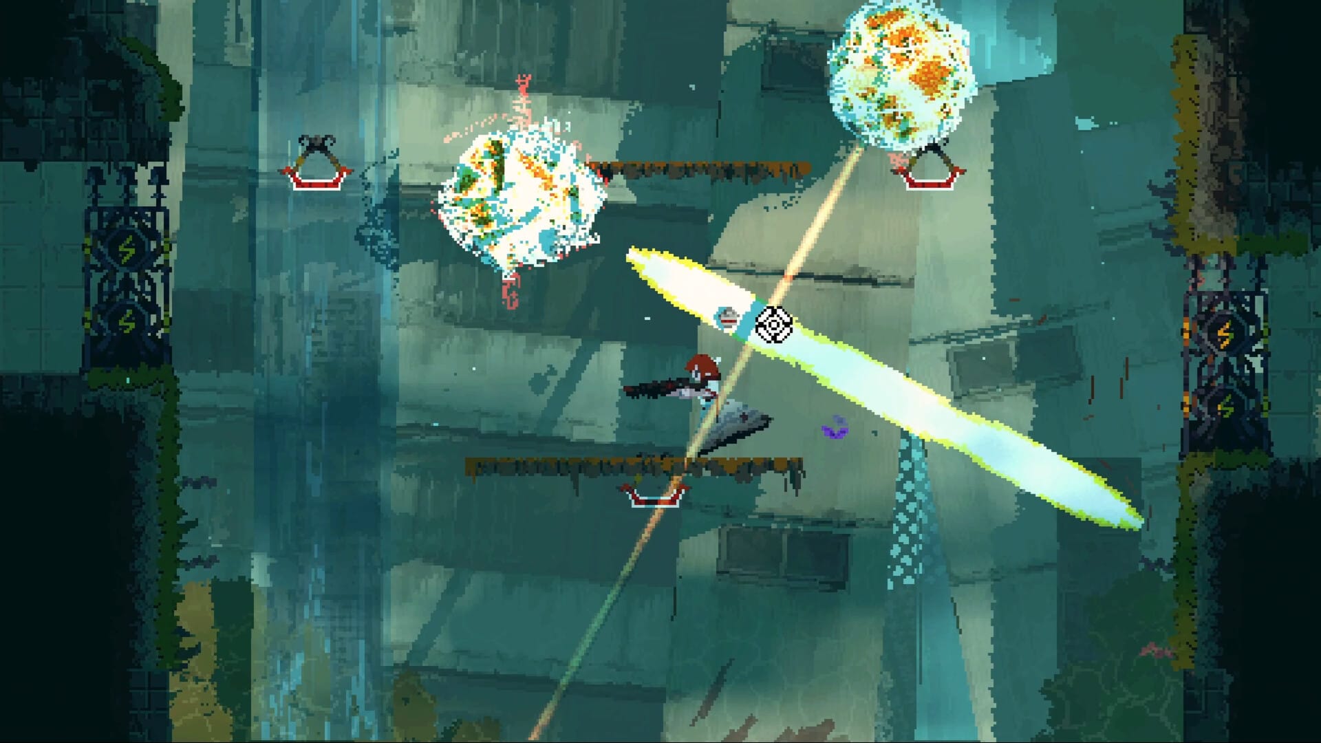The protagonist of Iron Bramble runs along a platform as two fractal orbs of energy fire energy projectiles in her direction