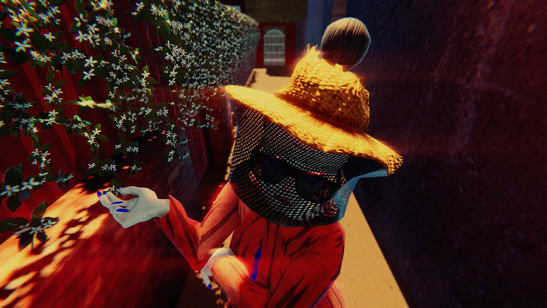 A screenshot of the antagonistic landlord, an old woman wearing a beekeepers hat and big sungalsses, from the game Janet DeMornay is a Slumlord and a Witch