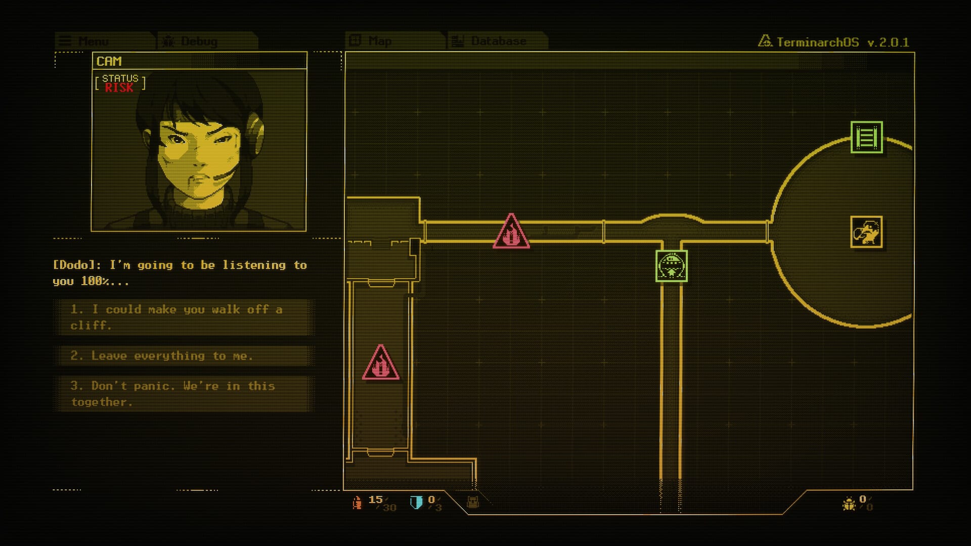 A screenshot from spy thriller Burn-9, showing the operator's point of view at a UI showing a map, an agent camera, and dialogue options.