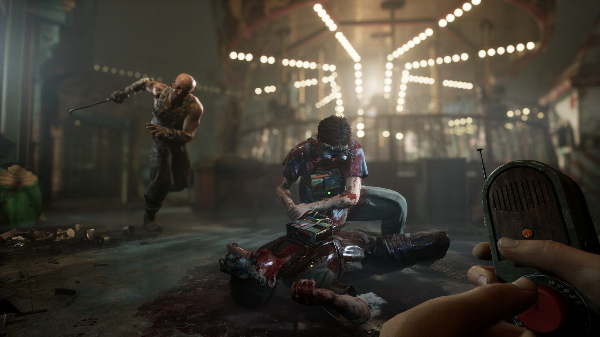 Two players work together in a puzzle in The Outlast Trials, but an enemy is running up to attack mid-sequence.