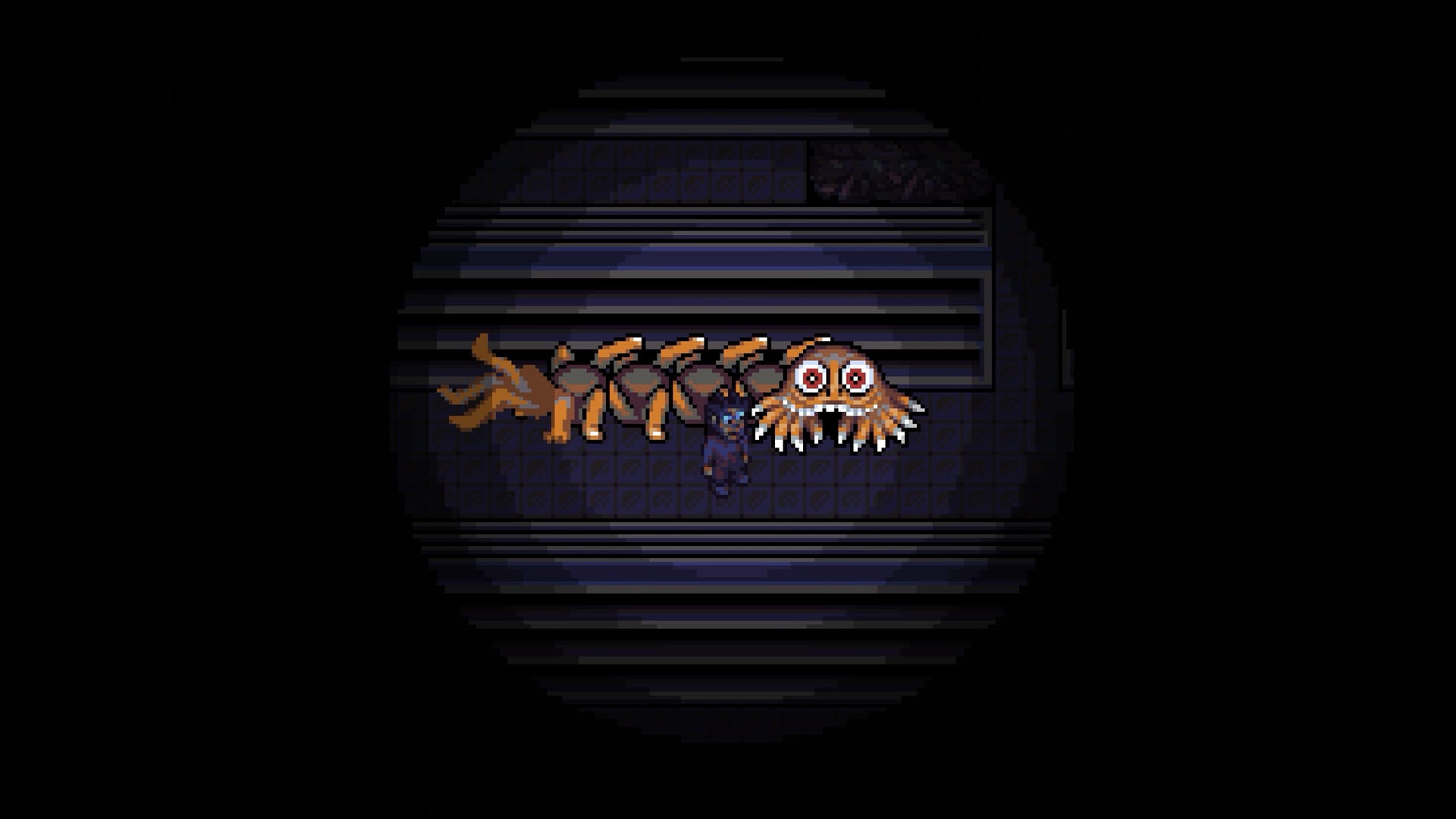 A screenshot from Look Outside, showing Sam next to a terrifying worm-crab like beast with big eyes, hands, and an alarming rin in a screenshot from Look Outside