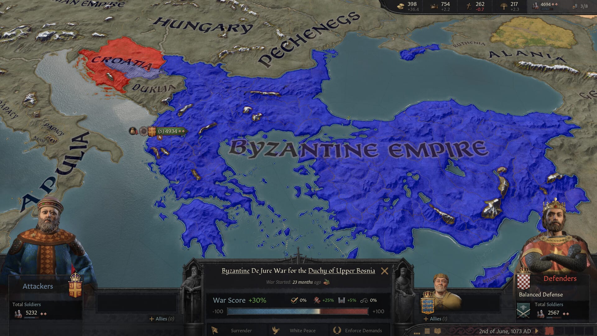 A player peruses the sides of a war between Croatia andthe Byzantine Empire in a screenshot from Crusader Kings 3