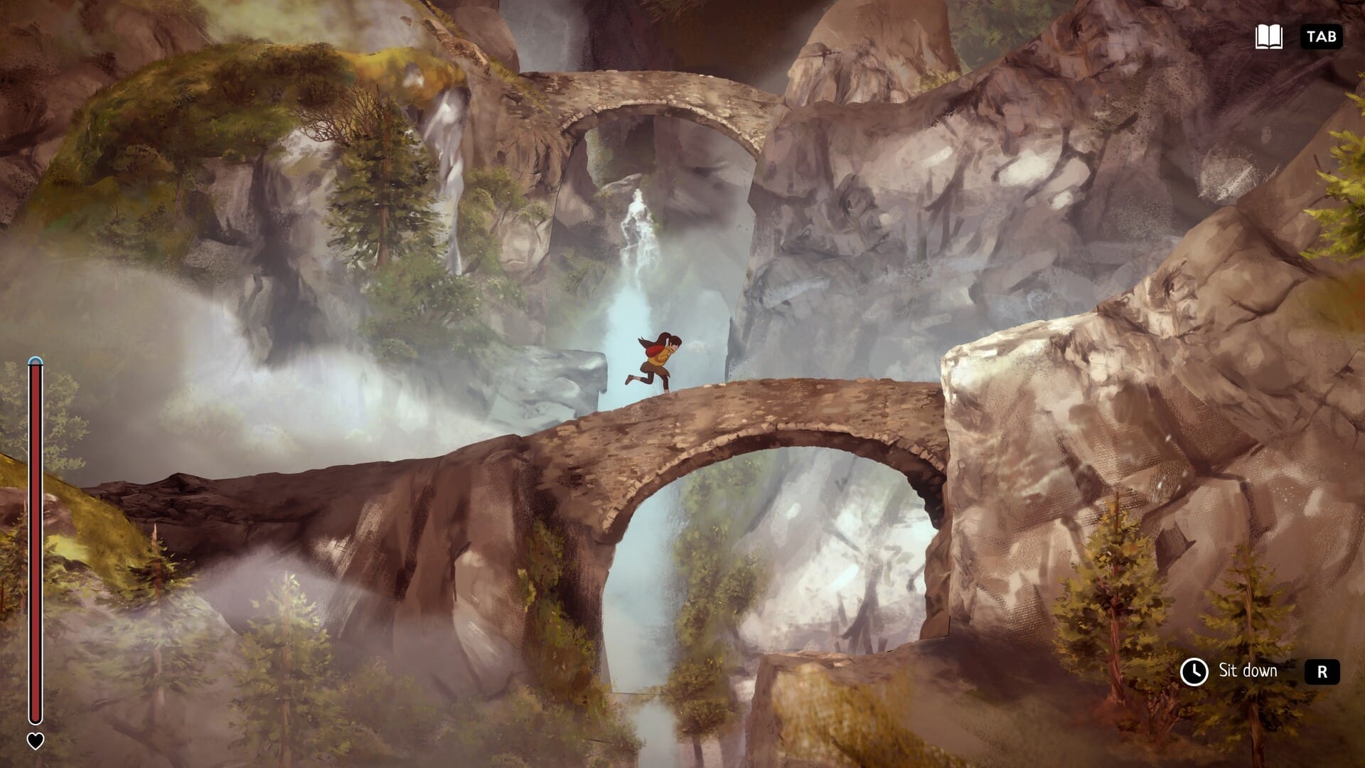 A girl runs along a stone path up a mountainside in a screenshot from A Highland Song