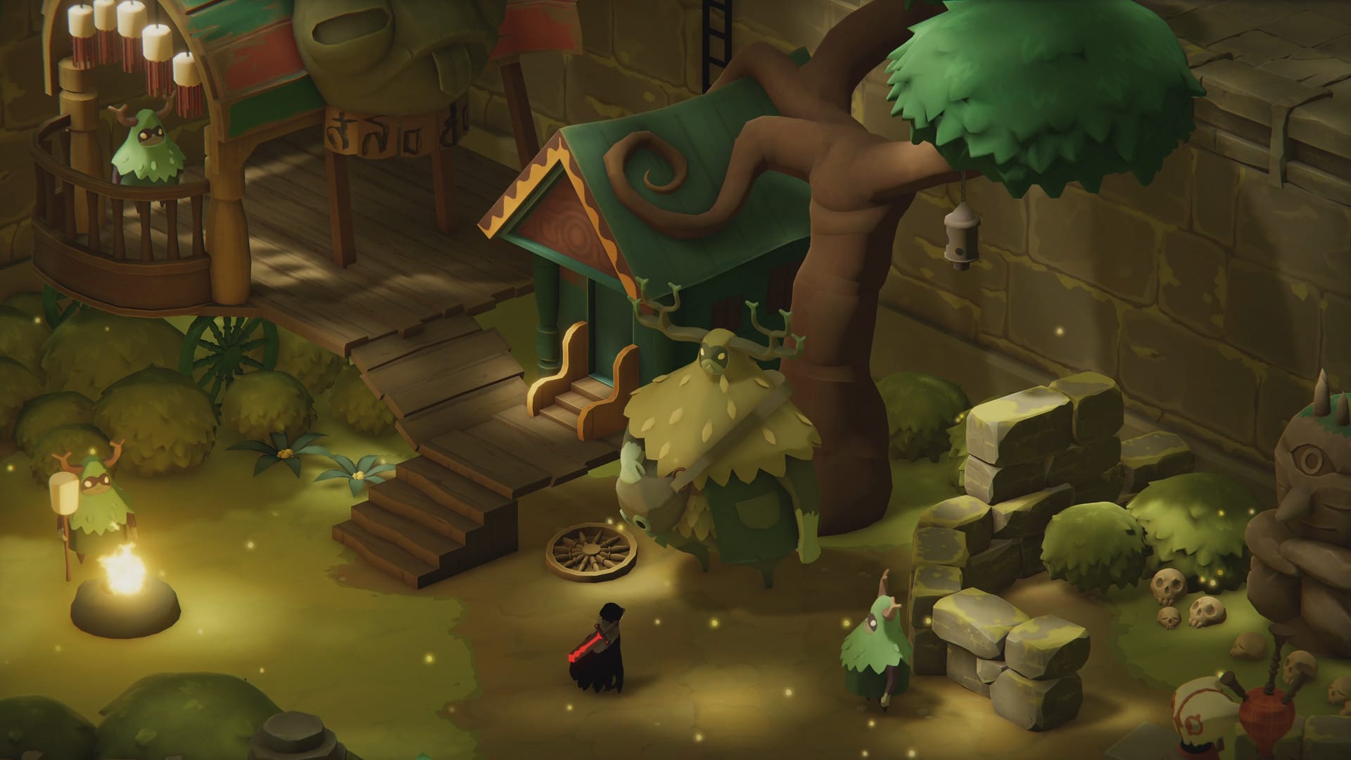 A screenshot from Deaht's Door, with the crow prtoagonist approaching a home built into a cozy, warm looking forest.