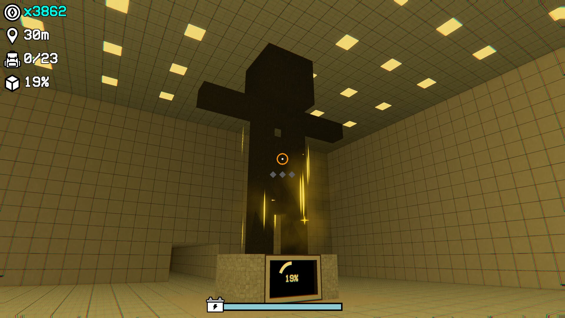 A giant, T-posing Entity with a voxel build stands in the middle of a yellow, spacious room in a screenshot from Minerooms