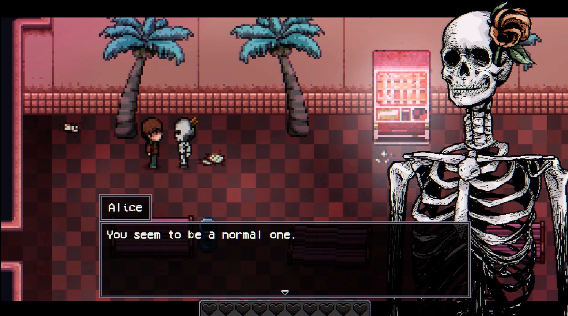 A skeleton with a large flower accessroy stands in a lobby under palm trees. A text box reads, "You seem to be a normal one."